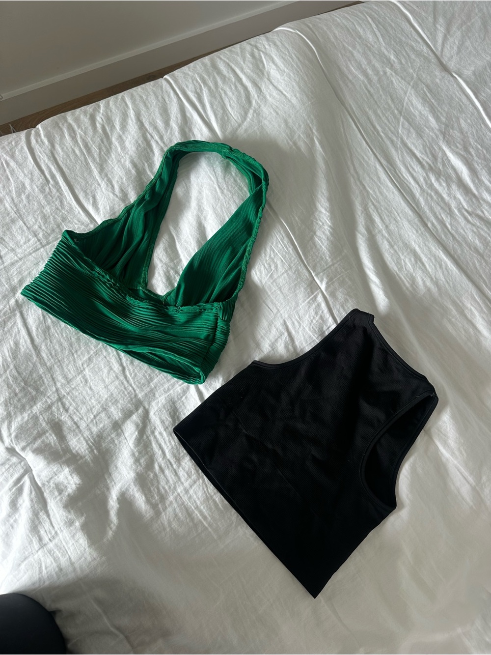 Green Pleated Halter Bralette & Black Crop Tank Set